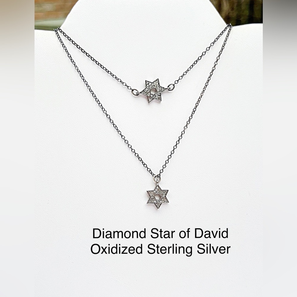 Diamond Star of David Necklace, 1/2” Pendant or Sideways, Oxidized Sterling
